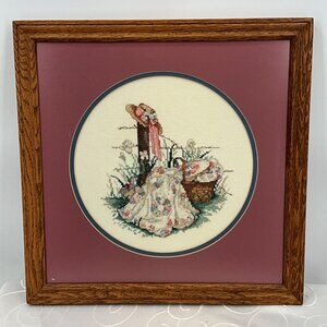 Framed Vintage Cross Stitch Art With Floral Picnic Scene In Wood Frame